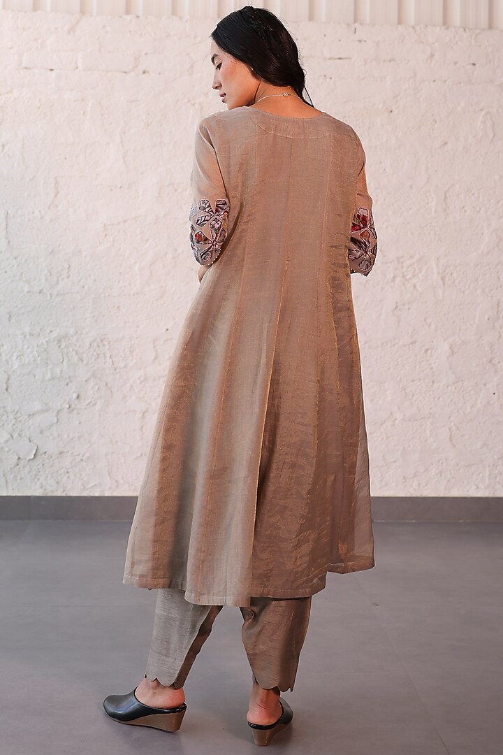 Grey Tissue Chanderi Embroidered A-Line Kurta Set by Khamaj India at Pernia's Pop Up Shop