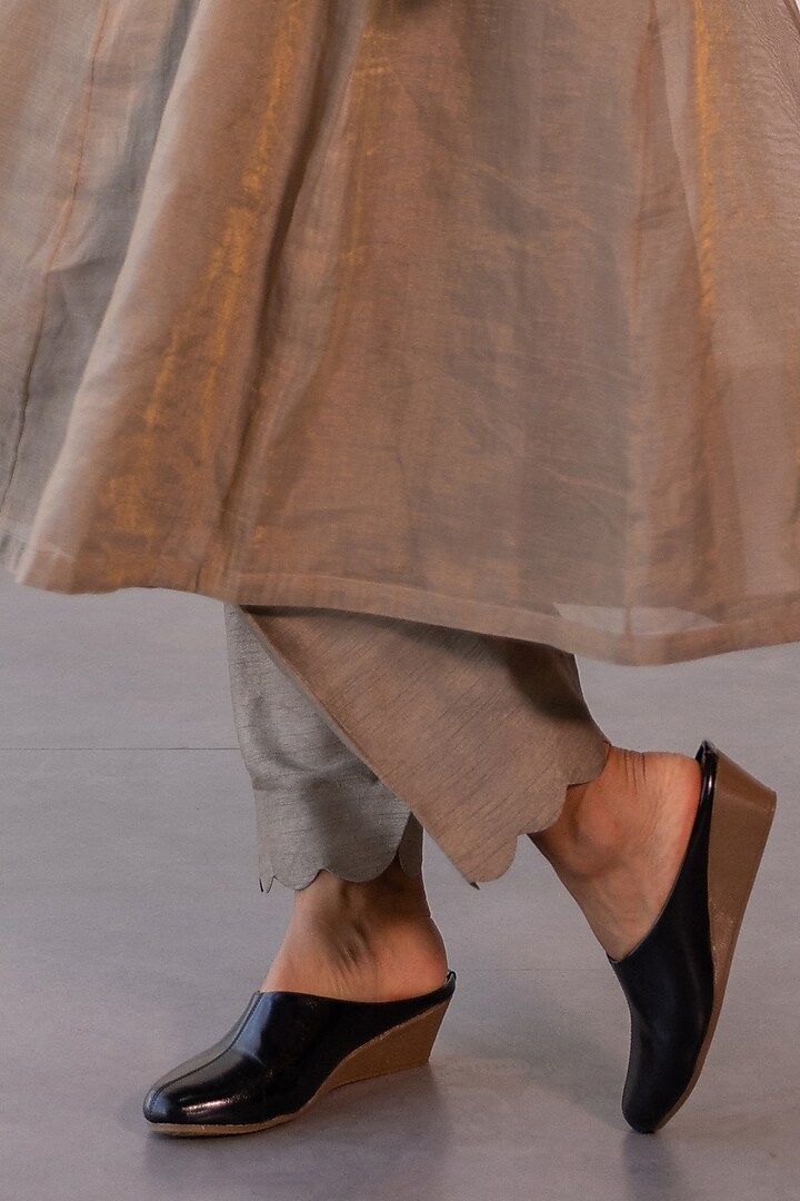 Grey Tissue Chanderi Embroidered A-Line Kurta Set by Khamaj India at Pernia's Pop Up Shop
