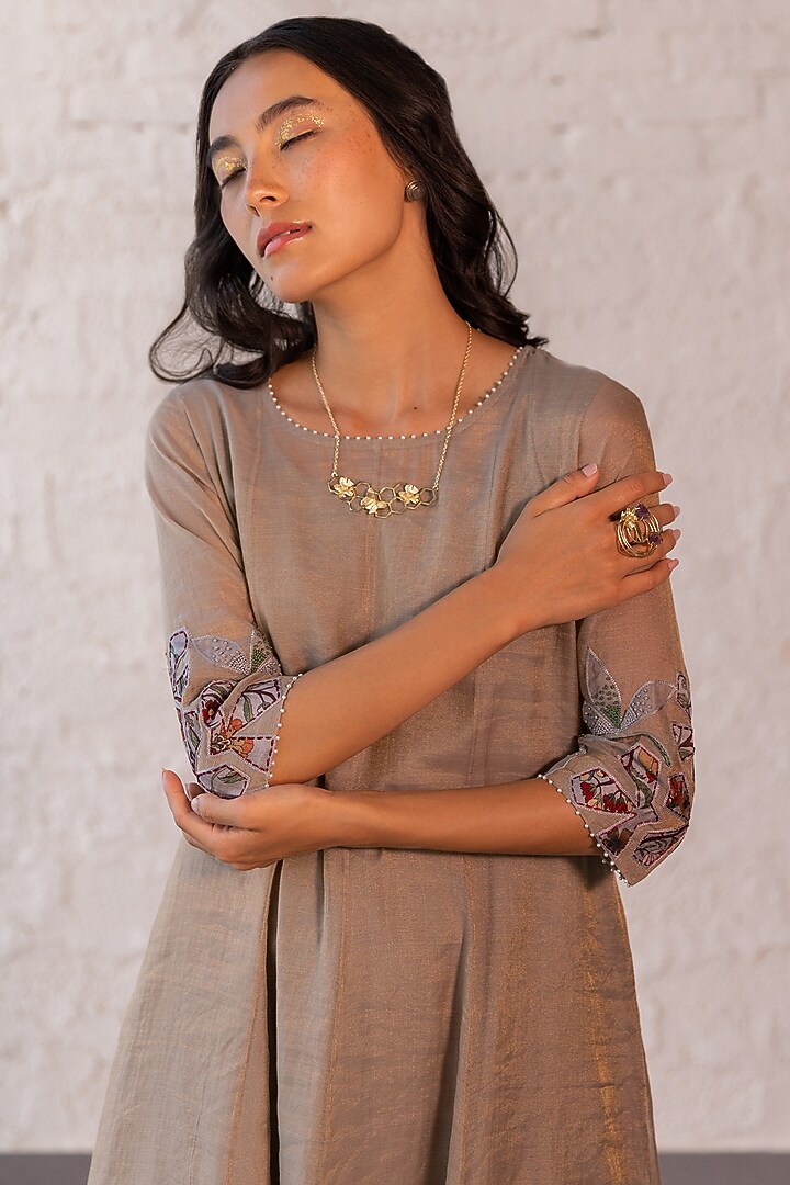 Grey Tissue Chanderi Embroidered A-Line Kurta Set by Khamaj India at Pernia's Pop Up Shop