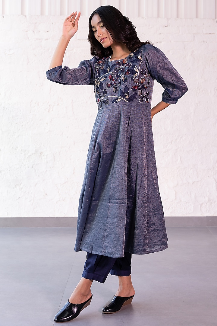 Blue Tissue Chanderi Embroidered Kurta Set by Khamaj India at Pernia's Pop Up Shop