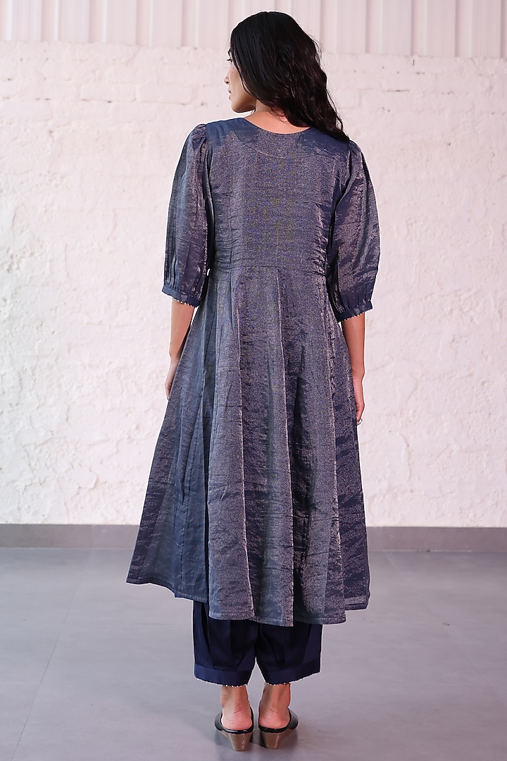Blue Tissue Chanderi Embroidered Kurta Set by Khamaj India at Pernia's Pop Up Shop