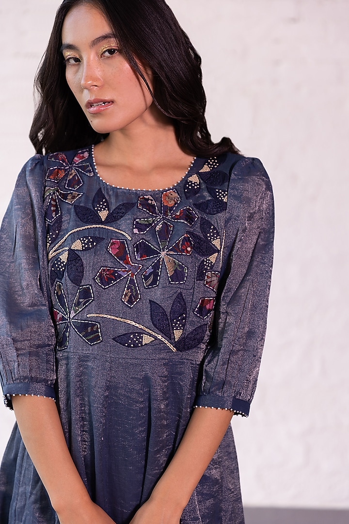 Blue Tissue Chanderi Embroidered Kurta Set by Khamaj India at Pernia's Pop Up Shop