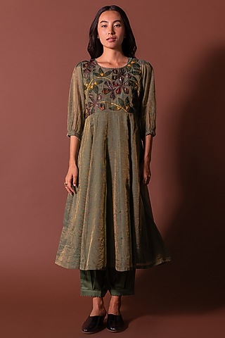 Green Tissue Chanderi Embroidered Kurta Set by Khamaj India