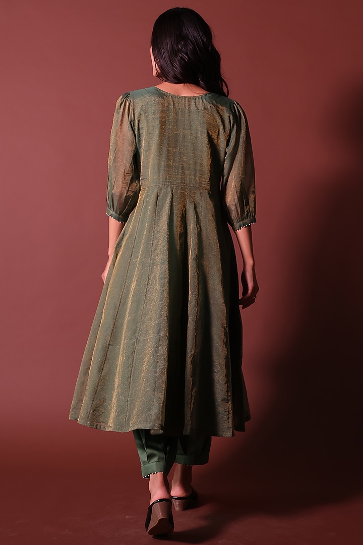 Green Tissue Chanderi Embroidered Kurta Set by Khamaj India at Pernia's Pop Up Shop