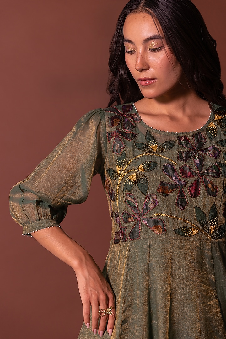 Green Tissue Chanderi Embroidered Kurta Set by Khamaj India at Pernia's Pop Up Shop