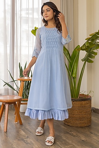 Sky Blue Chanderi Embroidered Kurta by Khamaj India