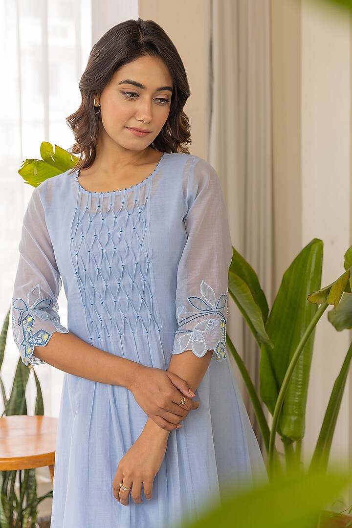 Sky Blue Chanderi Embroidered Kurta by Khamaj India at Pernia's Pop Up Shop