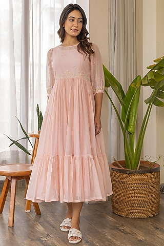 Peach Chanderi Embroidered Kurta by Khamaj India