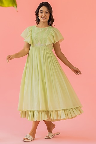Light Green Chanderi Embroidered Dress by Khamaj India
