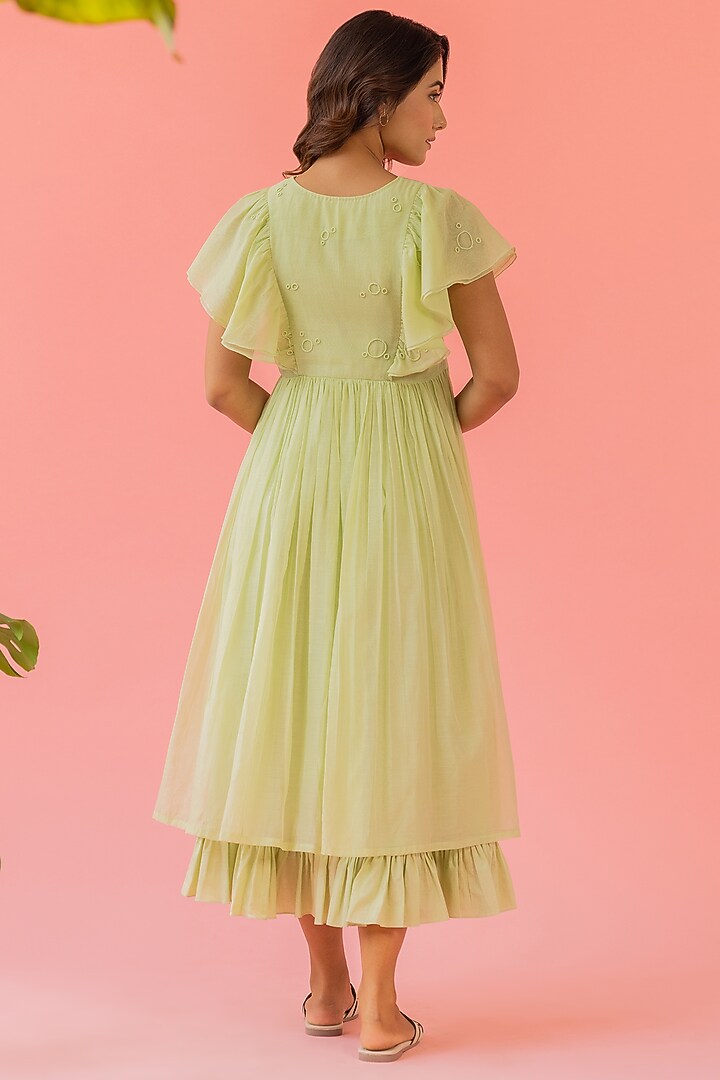 Light Green Chanderi Embroidered Summer Dress by Khamaj India at Pernia's Pop Up Shop