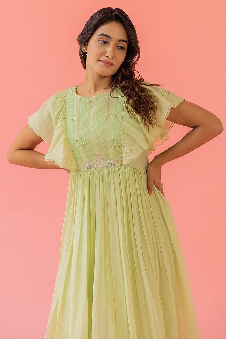 Light Green Chanderi Embroidered Summer Dress by Khamaj India at Pernia's Pop Up Shop