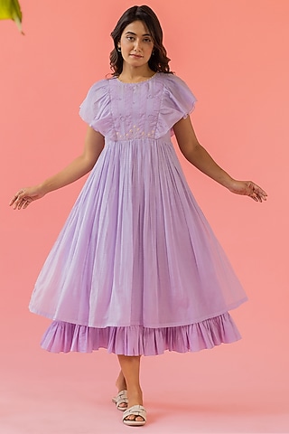 Lilac Chanderi Embroidered Dress by Khamaj India