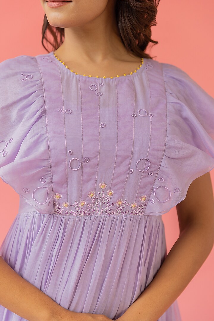 Lilac Chanderi Embroidered Summer Dress by Khamaj India at Pernia's Pop Up Shop