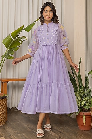 Lilac Chanderi Embroidered Dress by Khamaj India