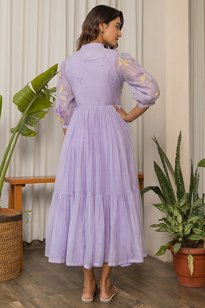 Lilac Chanderi Embroidered Summer Dress by Khamaj India at Pernia's Pop Up Shop