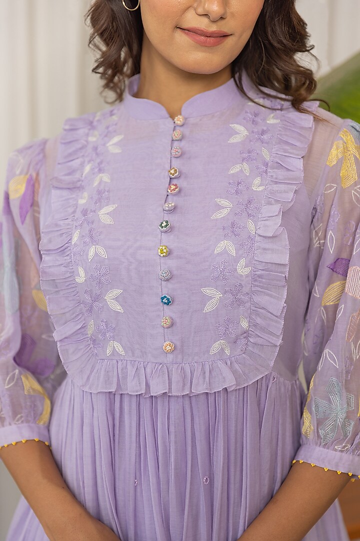 Lilac Chanderi Embroidered Summer Dress by Khamaj India at Pernia's Pop Up Shop