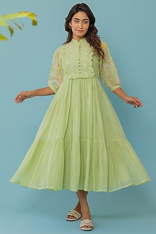Light Green Chanderi Embroidered Dress by Khamaj India