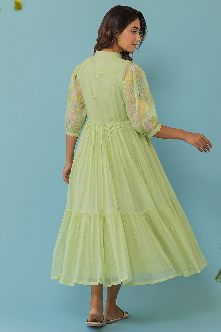 Light Green Chanderi Embroidered Summer Dress by Khamaj India at Pernia's Pop Up Shop