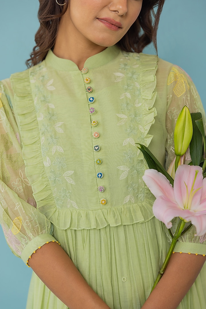 Light Green Chanderi Embroidered Summer Dress by Khamaj India at Pernia's Pop Up Shop