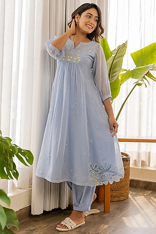 Sky Blue Chanderi Embroidered Kurta Set by Khamaj India