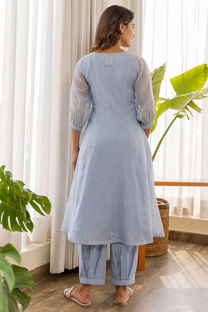 Sky Blue Chanderi Embroidered Kurta Set by Khamaj India at Pernia's Pop Up Shop