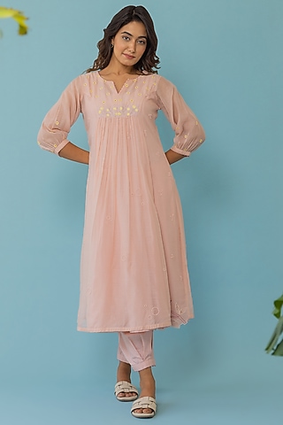 Peach Chanderi Embroidered Kurta Set by Khamaj India