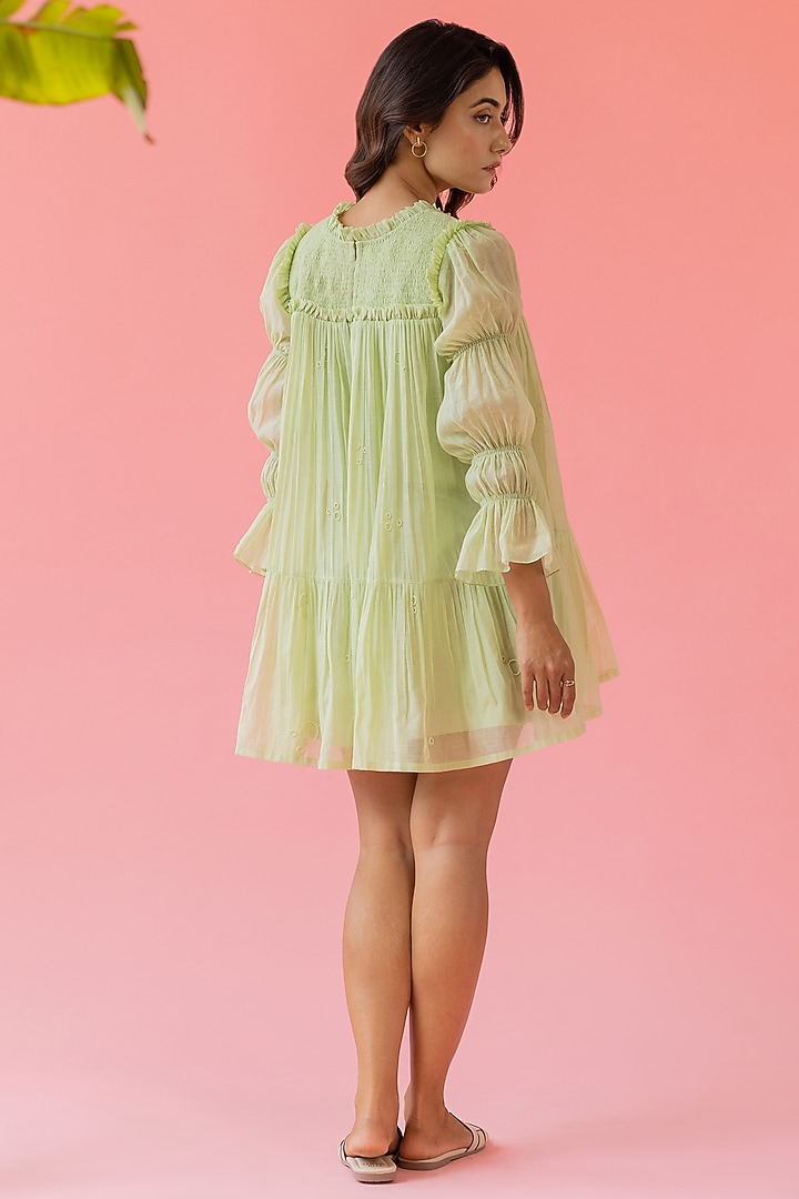 Light Green Chanderi Embroidered Summer Dress by Khamaj India at Pernia's Pop Up Shop