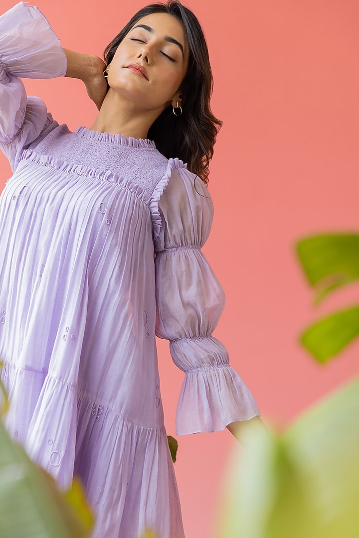 Lilac Chanderi Embroidered Summer Dress by Khamaj India at Pernia's Pop Up Shop