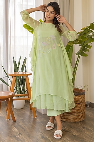 Light Green Chanderi Embroidered Kurta Set by Khamaj India