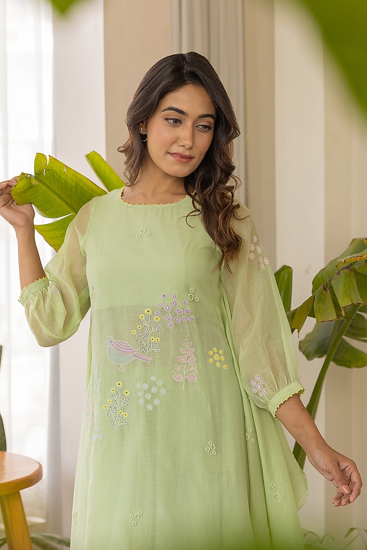 Light Green Chanderi Embroidered Kurta Set by Khamaj India at Pernia's Pop Up Shop
