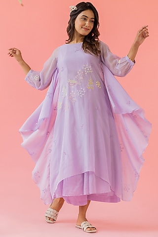 Lilac Chanderi Embroidered Kurta Set by Khamaj India