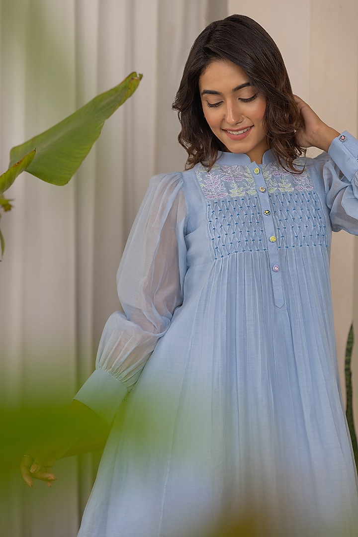 Sky Blue Chanderi Embroidered Summer Dress by Khamaj India at Pernia's Pop Up Shop