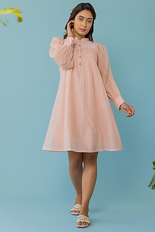 Peach Chanderi Embroidered Dress by Khamaj India