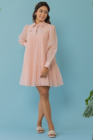 Peach Chanderi Embroidered Dress by Khamaj India