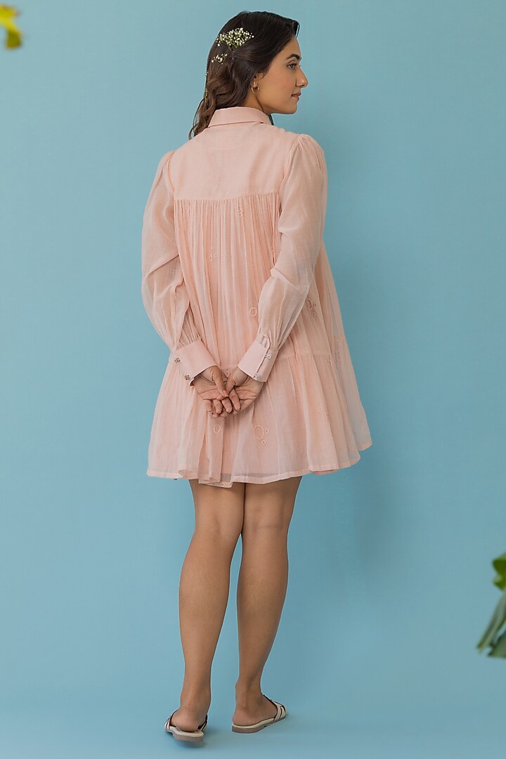Peach Chanderi Embroidered Summer Dress by Khamaj India at Pernia's Pop Up Shop