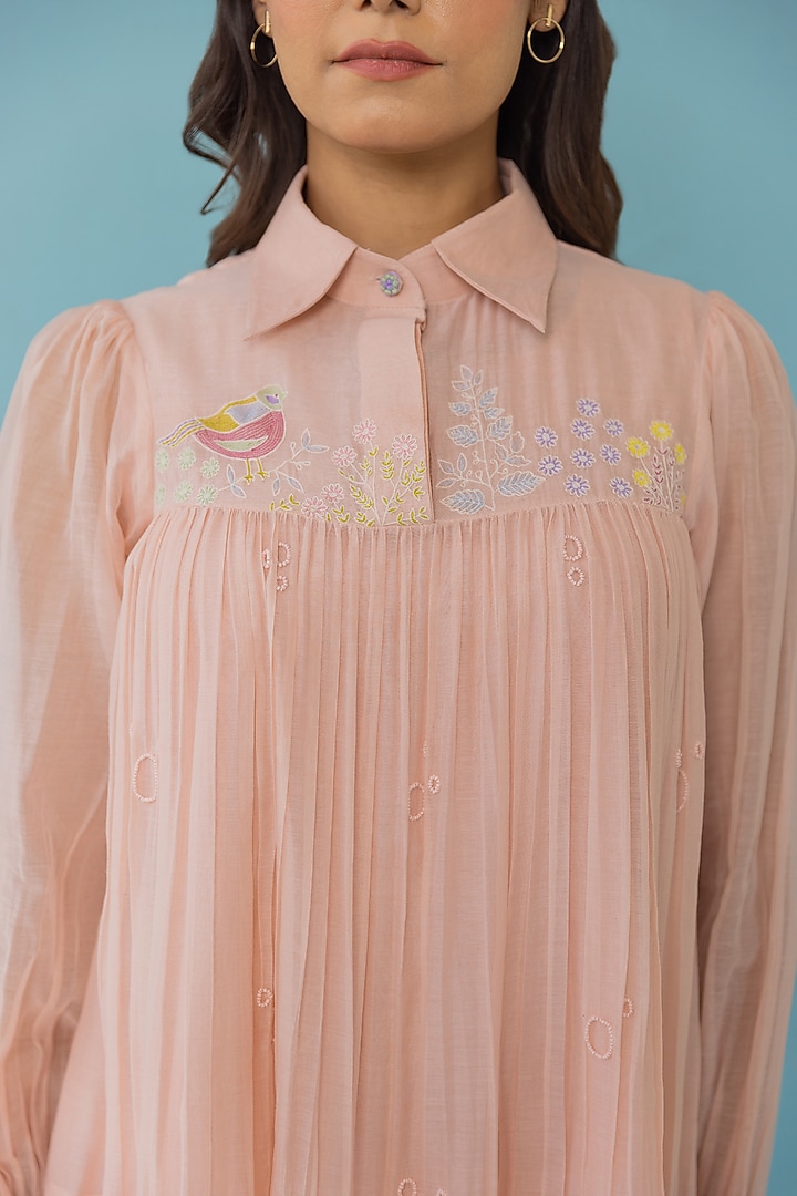 Peach Chanderi Embroidered Summer Dress by Khamaj India at Pernia's Pop Up Shop