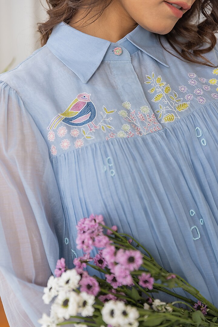 Sky Blue Chanderi Embroidered Summer Dress by Khamaj India at Pernia's Pop Up Shop