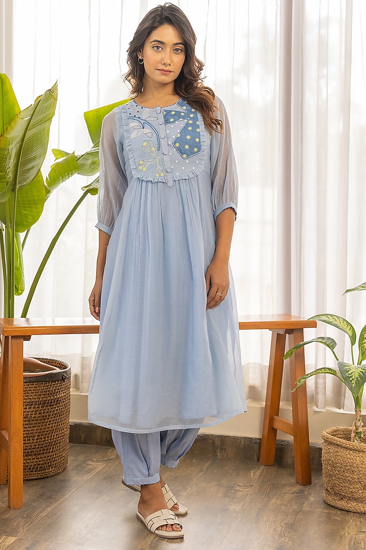 Sky Blue Chanderi Embroidered Kurta Set by Khamaj India at Pernia's Pop Up Shop