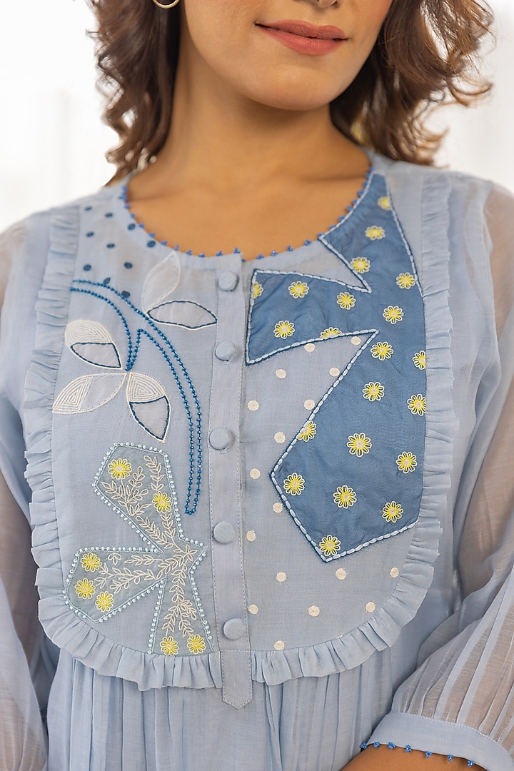 Sky Blue Chanderi Embroidered Kurta Set by Khamaj India at Pernia's Pop Up Shop