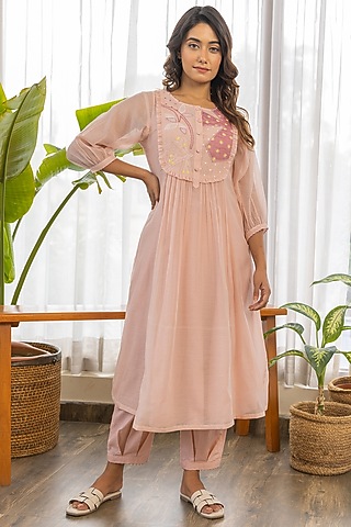 Peach Chanderi Embroidered Kurta Set by Khamaj India