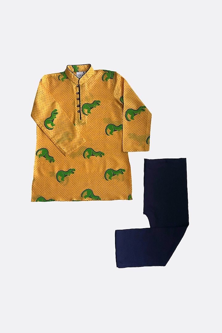 Yellow Hand Block Printed Kurta Set For Boys by Krishna Mehta Kids at Pernia's Pop Up Shop