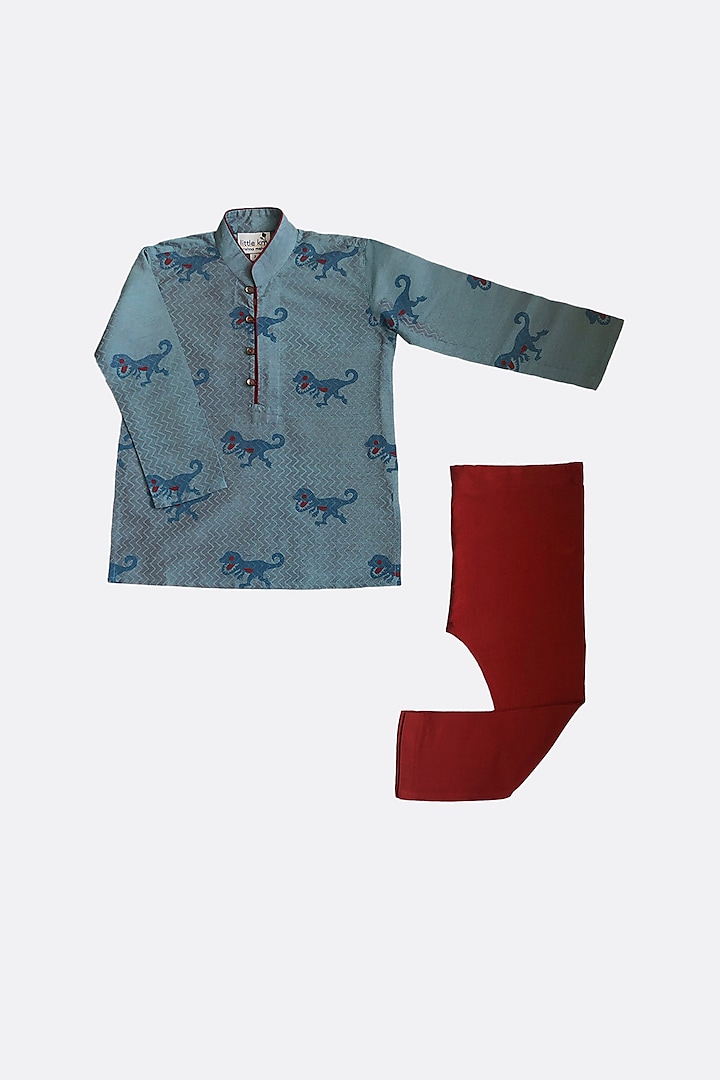 Blue Hand Block Printed Kurta Set For Boys by Krishna Mehta Kids at Pernia's Pop Up Shop