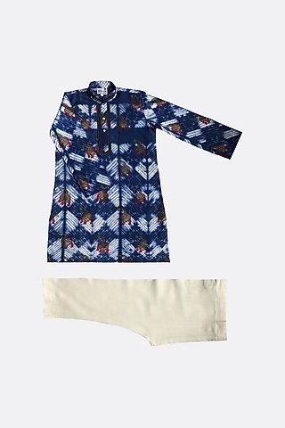 Blue Block Printed Kurta Set For Boys by Krishna Mehta Kids
