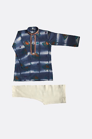 Blue Tie-Dye Block Printed Kurta Set For Boys by Krishna Mehta Kids