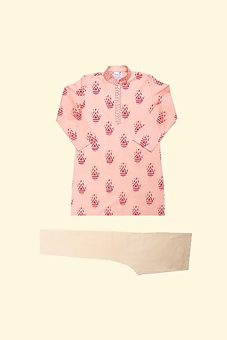 Peach Viscose Printed Kurta Set For Boys by Krishna Mehta Kids