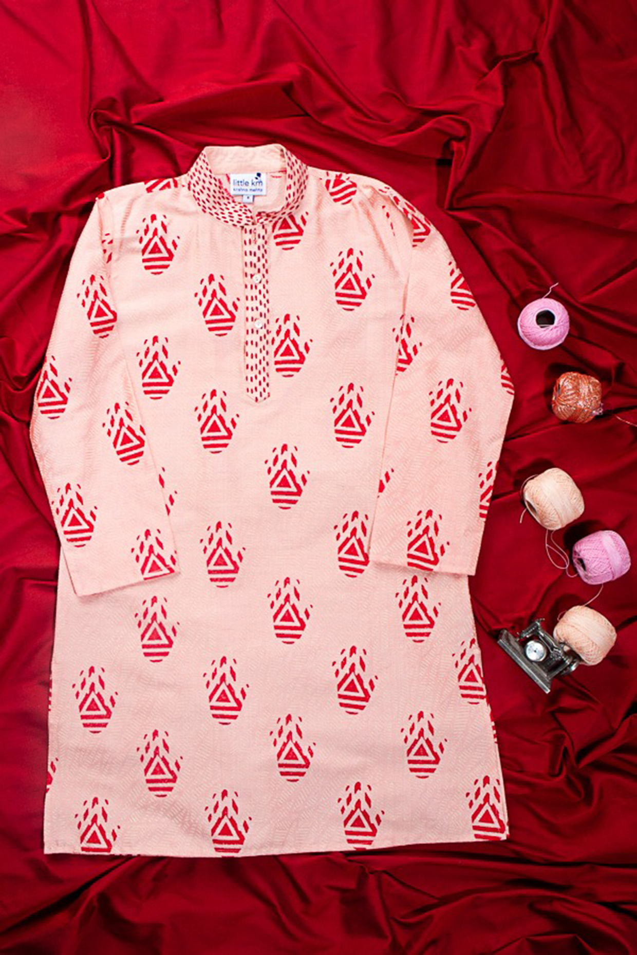 Peach Viscose Printed Kurta Set For Boys by Krishna Mehta Kids at Pernia's Pop Up Shop