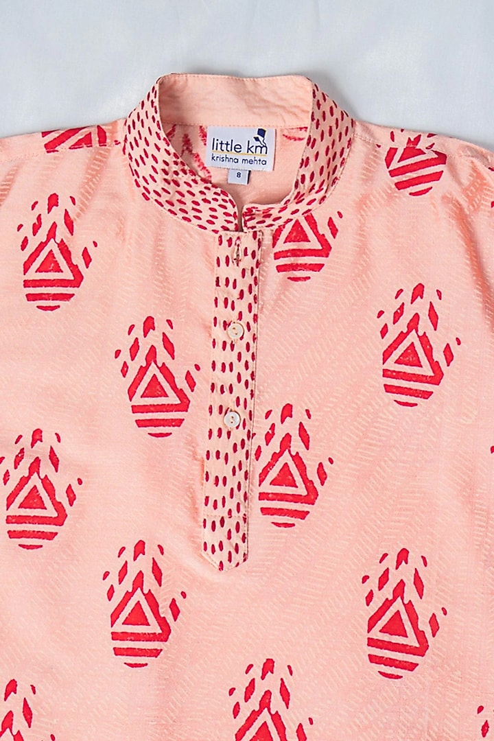 Peach Viscose Printed Kurta Set For Boys by Krishna Mehta Kids at Pernia's Pop Up Shop