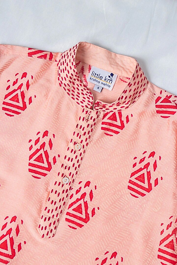 Peach Viscose Printed Kurta Set For Boys by Krishna Mehta Kids at Pernia's Pop Up Shop