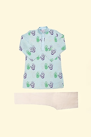 Sky Blue Printed Kurta Set For Boys by Krishna Mehta Kids