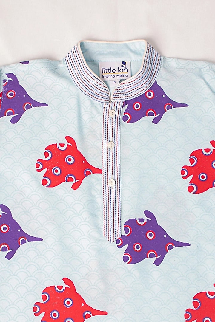 Sky Blue Printed Kurta Set For Boys by Krishna Mehta Kids at Pernia's Pop Up Shop
